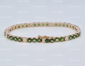 14k Solid Rose Gold Natural Diamond & Green Sapphire Tennis Bracelet - Picture 1 of 9