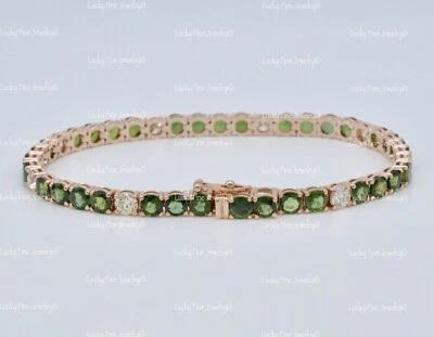  14k Solid Rose Gold  Natural Diamond & Green Sapphire Tennis Bracelet  - Image 1 of 4