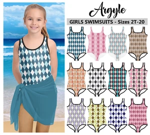 Kids Argyle Swimsuit #1 - Baby Girl Teens Bathing Suit Classic Diamond Pattern - Picture 1 of 30