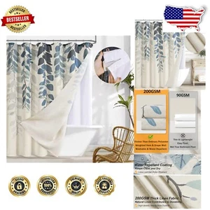 Stylish 72x84 Blue Leaf Pattern Shower Curtain with Easy Install Fabric Liner - Picture 1 of 10