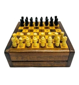 Mini scacchi in legno fatto a mano gioco da viaggio set scacchi vintage scatola di legno - Foto 1 di 5