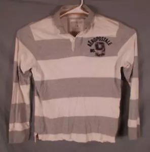 Aeropostale Mens Gray and WHite Striped Polo Short Long Sleeve Collared Size S - Picture 1 of 9