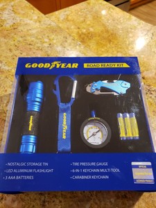 Goodyear road ready kit Tire With Pressure Gauge LED Flashlight And Other Items