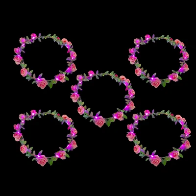 5 Stück LED Blumen Haarkranz "ROSI" mit rosa Blüten & rosa LEDs