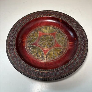 Vintage Polish Wood Copper Tray Plate Inlaid Metal Wood - Picture 1 of 5
