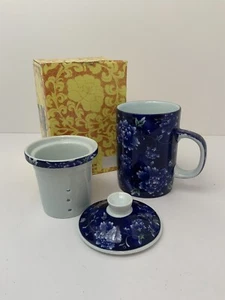 Asian Porcelain Tea Cup Handled with Infuser Strainer Lid Blue Floral NEW In Box - Picture 1 of 12
