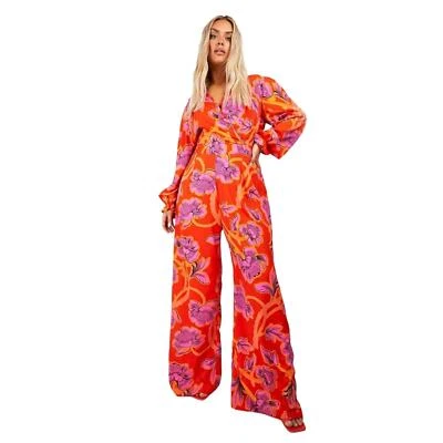 Macacão Boohoo Feminino Tecido Floral Envoltório Sobre Perna Larga Laranja Plus Size 24 - Imagem 1 de 4