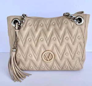 VALENTINO LUISA BAIGE QUILTED LEATHER SHOULDER BAG TOTE SILVER CHAIN - Picture 1 of 13