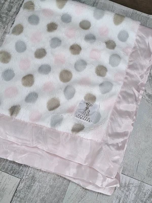 Little Giraffe Baby Blanket Satin Faux Fur White Gray Pink Polka Dots 30” X 35” - Image 1 of 4