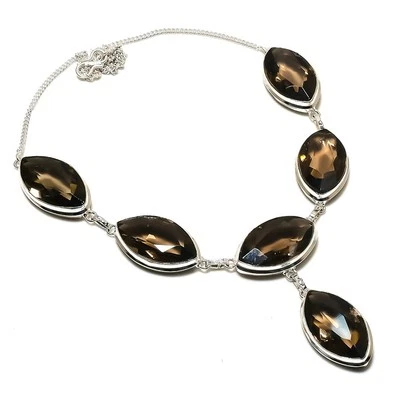 Smoky Quartz Gemstone Necklace Adjustable Chain Marquise Shape Gift Jewelry 18" - Image 1 of 4