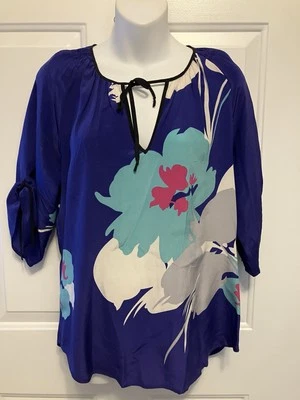 Blusa Artística Yumi Kim Top Para Mujer Talla XS Azul Real Blanco Floral 100% Seda Foto 1 de 4
