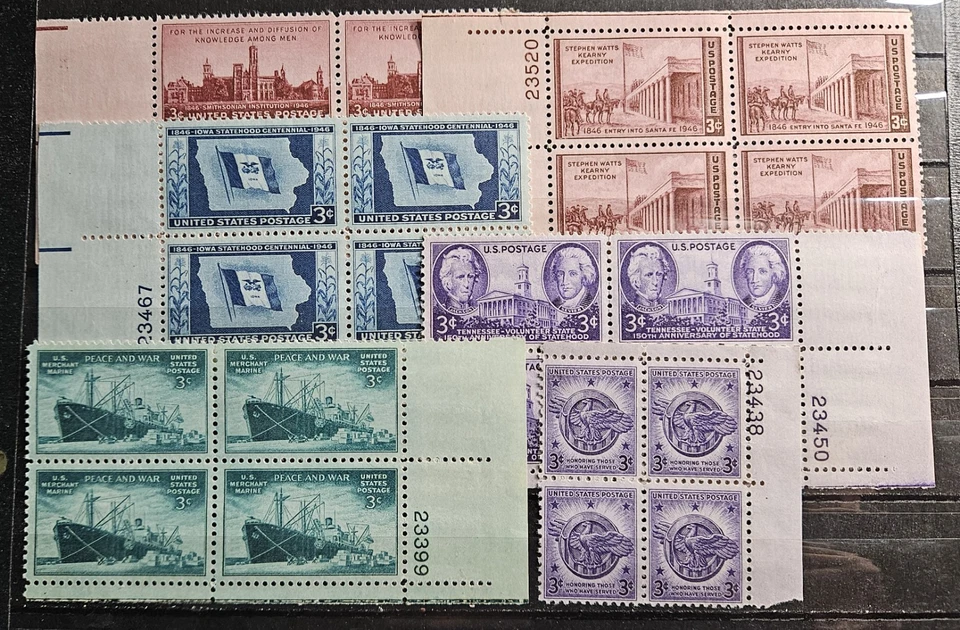 US Stamp Sc 939-44, 1946 Year Set, Plate Blk of 4, MLH F/VF CV$6.00 (510A87) - Image 1 of 1