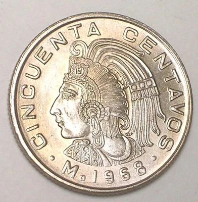 Moeda 1968 México mexicana 50 centavos Cuauhtémoc XF+ - Imagem 1 de 2