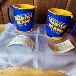 Two Vintage Master Blend Coffee Mugs Promo Advertising Blue Plastic 90s Retro - Picture 1 of 10