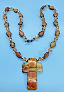 Cherry Creek Red Jasper Cross Pendant Faceted Crystal Gold-Tone Bead T-Clasp VTG - Picture 1 of 14