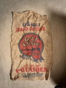 VINTAGE TAUBE'S GILT-EDGE Brand 100 LBS POTATO BURLAP ART BAG SACK - Picture 1 of 5