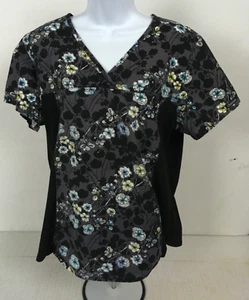 Cherokee Womens Scrub Top Size L Black Gray w Blue White Green Flowers Pockets - Picture 1 of 11