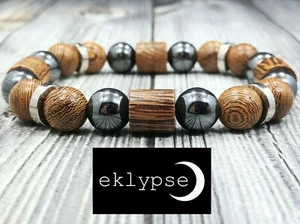 7.5"L Three Elements 10mm Wood+Hematite+Stainless Steel Gemstone Beaded Bracelet - Picture 1 of 9