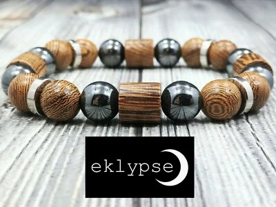 7.5"L The Elements 10mm Wood+Hematite+Stainless Steel Gemstone Bead Men Bracelet - Image 1 of 4