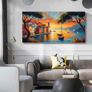 Modern Coastal Sunset Seascape Wall Art Canvas Office Home Room Framed 120x60cm - Picture 1 of 2