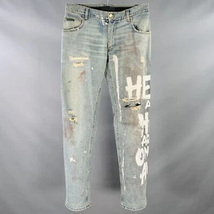 DOLCE & GABBANA Size 33 Blue White Hand Painted Denim Straight Distressed Jeans - Picture 1 of 7