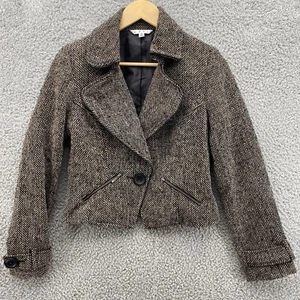 CAbi Womens 2 Small Plaid Designer Jacket Brown Checkered Button Zipper Pockets - Picture 1 of 8