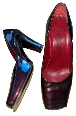 Vintage YSL Yves Saint Laurent Burgundy Patent Leather Heels Cutout Peep Toes 8 - Image 1 of 4