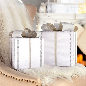 White Metallic Christmas Present Gift Boxes Holiday Ornament Indoor Home Decor - Picture 1 of 13