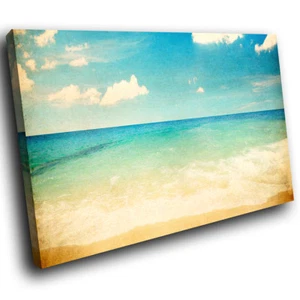 SC433 Blue Ocean Beach Retro Cool Nature Canvas Wall Art Large Picture Prints - Picture 1 of 6