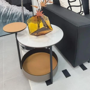 45cm Round Glossy Stone Top Small End Table Saddle Leather Storage Easy to Clean - Picture 1 of 18