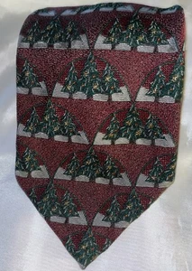 Vintage Robert Talbott Nordstrom Seidenkrawatte für Herren Weihnachtsbäume, dunkelrot, grün USA - Bild 1 von 5