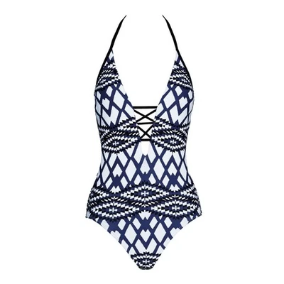 Seafolly Australia Azul Blanco Negro Tribu Moderna Cuello en V Profundo Maillot Una Pieza  Foto 1 de 4