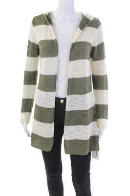 360 Suéter Mujer Tejido Abierto Rayas Capucha Cárdigan Suéter Blanco Verde Pequeño Foto 1 de 4