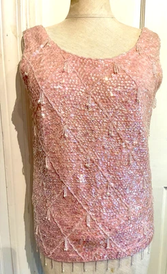 Stunning 1950s Beaded Sequin Wool Top Pink Zip Back Lined Hong Kong Small - Image 1 of 4
