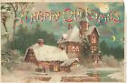 Antique Hold-to-Light Postcard - Happy Christmas Cottage Snow  (Revealed) (DD2)