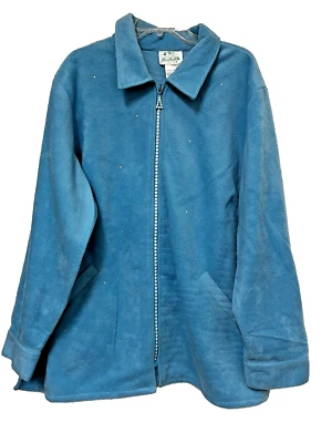 NWT Quacker Factory Rhinestone Zipper Front Fleece Jacket 2X Teddy Fuzzy Blue - Image 1 of 4
