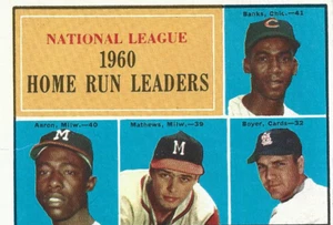 1961 Topps - NL Home Run LeadersTopps #43 - Hank Aaron Ernie Banks Eddie Mathews - Picture 1 of 2