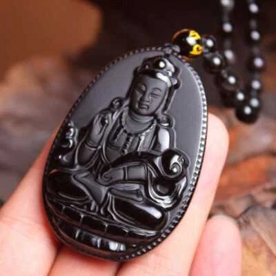 Natural Black Obsidian Carved Avalokitesvara Lucky Amulet Pendant Wedding New — 第 1/4 张图片
