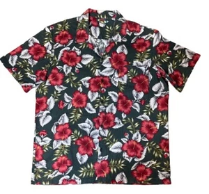 Vintage Hawaii Blues Hawaiian Shirt LARGE Button Aloha Hibiscus Floral Green Red - Picture 1 of 12