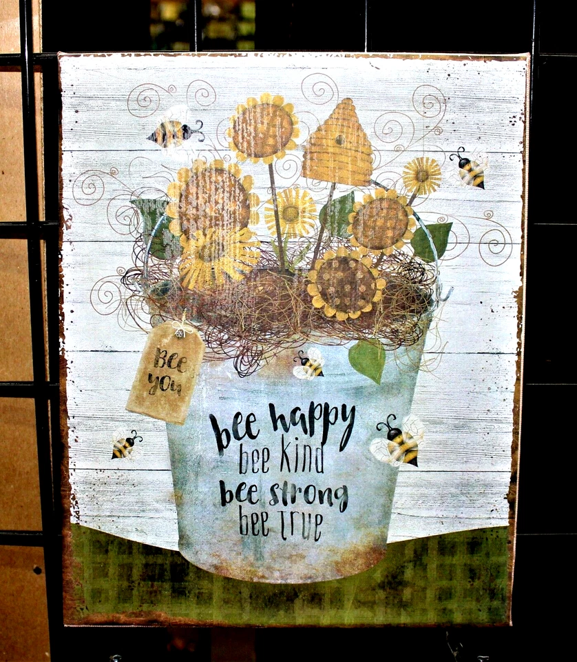Bee Happy Kind Strong True Folk Art Sunflowers Print on 8 X 10 Stretched Canvas - Image 1 of 1