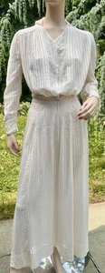 ANTIQUE EDWARDIAN CREAM COTTON STRIPE / NET 2 PIECE DRESS W/ LACE - Picture 1 of 17