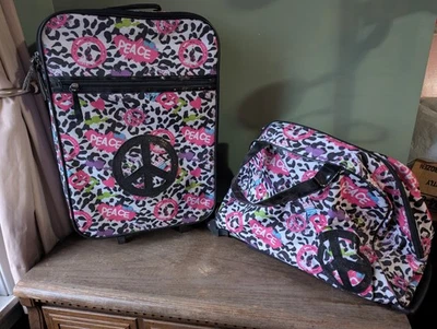 Juego de equipaje de 2 piezas con estampado de leopardo para niñas con letrero de paz bolsa de lona enrollable fin de semana Foto 1 de 4