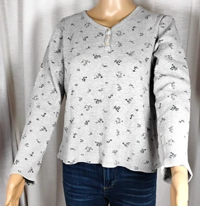 Womens Med Henley Shirt Cotton Waffle Knit Gray Floral Twilight Bella Swan - Picture 1 of 13