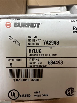 Box Of 6 NEW  BURNDY YA29A3 ALUMINUM COMPRESSION LUG 2-HOLE NIB - Image 1 of 2