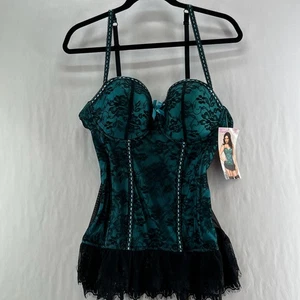 Seven 'Til Midnight Corsé Bustier Talla 1X Tanga Superpuesto de Encaje Volantes Verde azulado Negro - Imagen 1 de 11