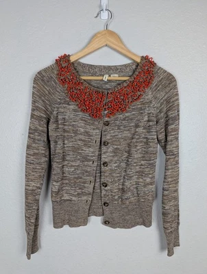 Cárdigan Suéter Anthropologie Moth S Marrón Gris Cuello Cuentas Botón Lino Mb Foto 1 de 4