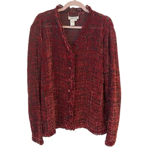 Coldwater Creek Cardigan 1X Deep Red Velvet Burnout Ruffle Trim Fall Lightweight - Picture 1 of 11