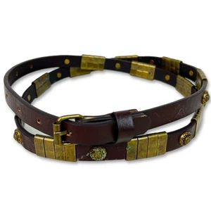 Vintage 80s Leather and Gold Brass Belt Studded Thin Brown 44" - Picture 1 of 9