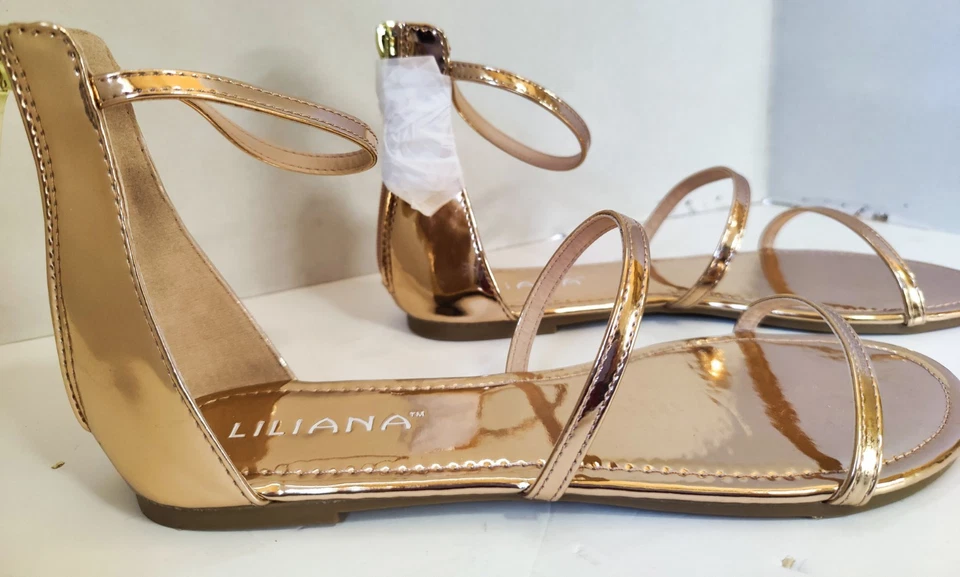 Sandalias planas Liliana Jagger-8 metálicas de oro rosa con tiras TALLA 9 NUEVAS EN CAJA Foto 1 de 4