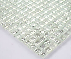 Glass Mosaic 15x15mm 8mm Little Stones Tiles 30x30cm Silver Metal Border BO2
